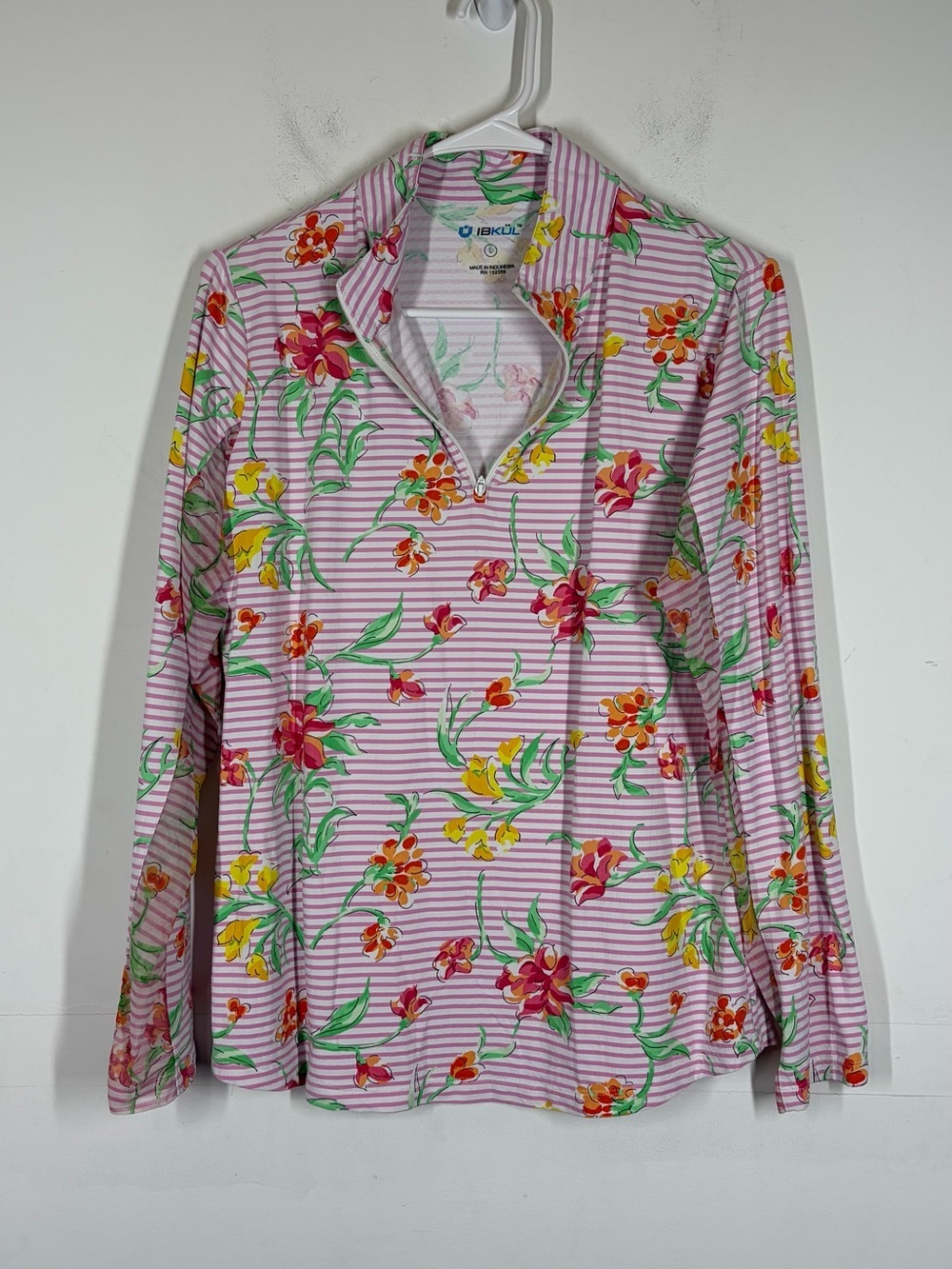 IBKUL Striped Floral Golf 1/4 Zip Top Size Large